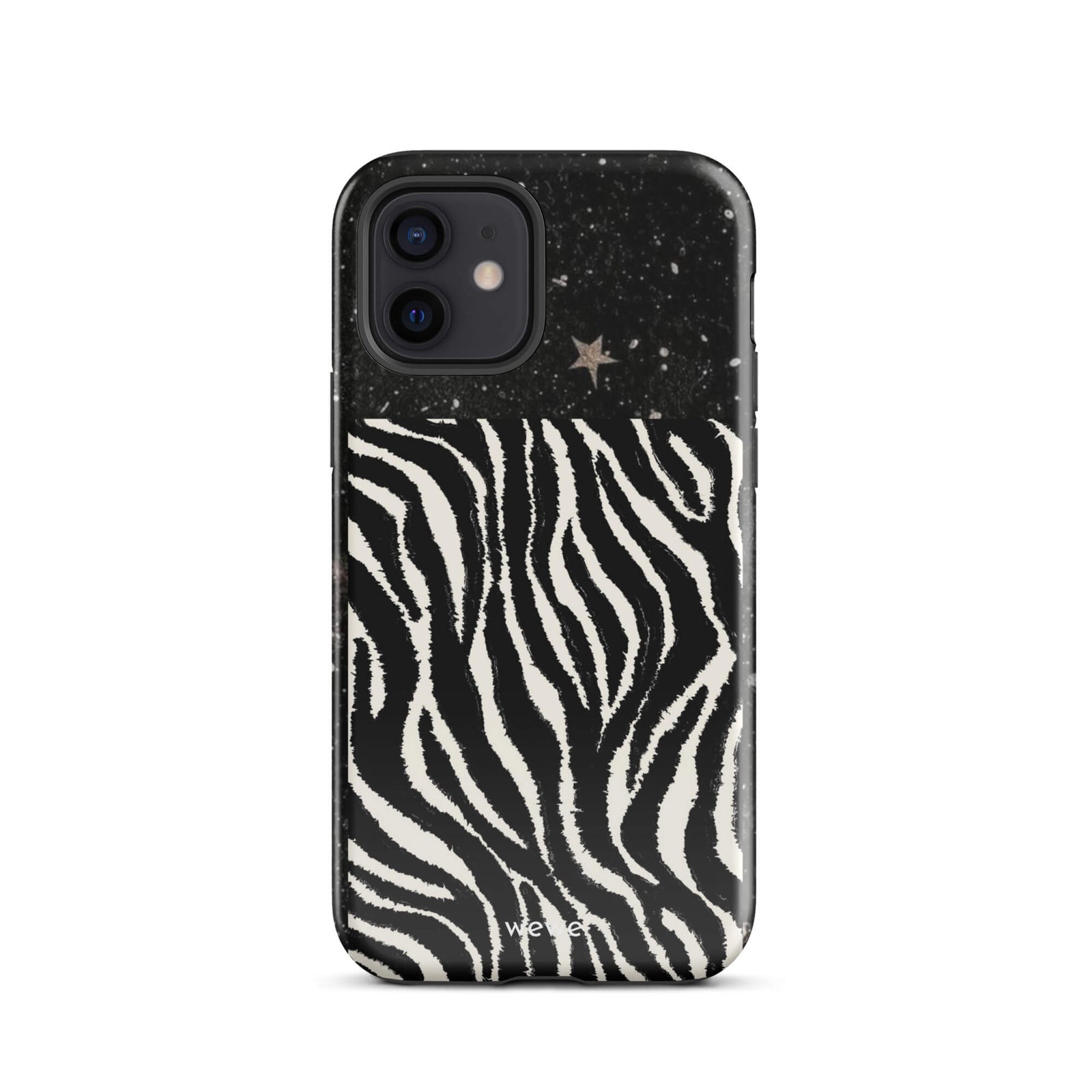 Custom iPhone case 12 with a black, glittery cosmic/galaxy top half with stars, and a bold black and white zebra stripe pattern on the bottom half.