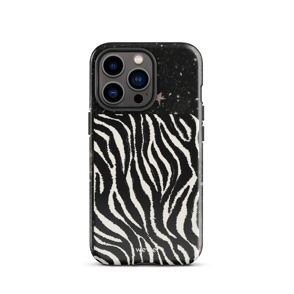 Custom iPhone case 13 pro with a black, glittery cosmic/galaxy top half with stars, and a bold black and white zebra stripe pattern on the bottom half.