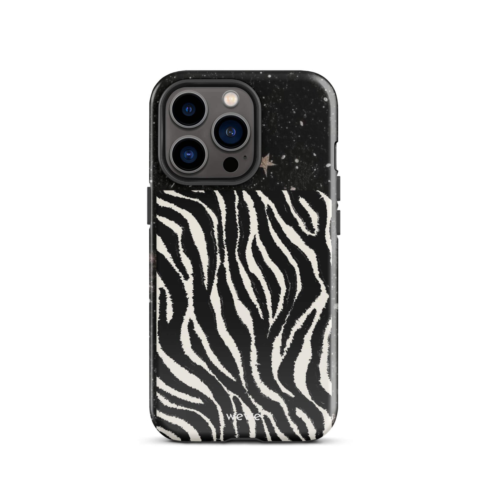 Custom iPhone case 13 pro with a black, glittery cosmic/galaxy top half with stars, and a bold black and white zebra stripe pattern on the bottom half.