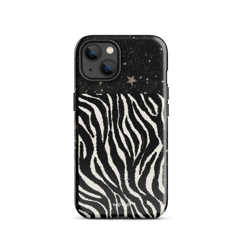 Custom iPhone case 13 with a black, glittery cosmic/galaxy top half with stars, and a bold black and white zebra stripe pattern on the bottom half.