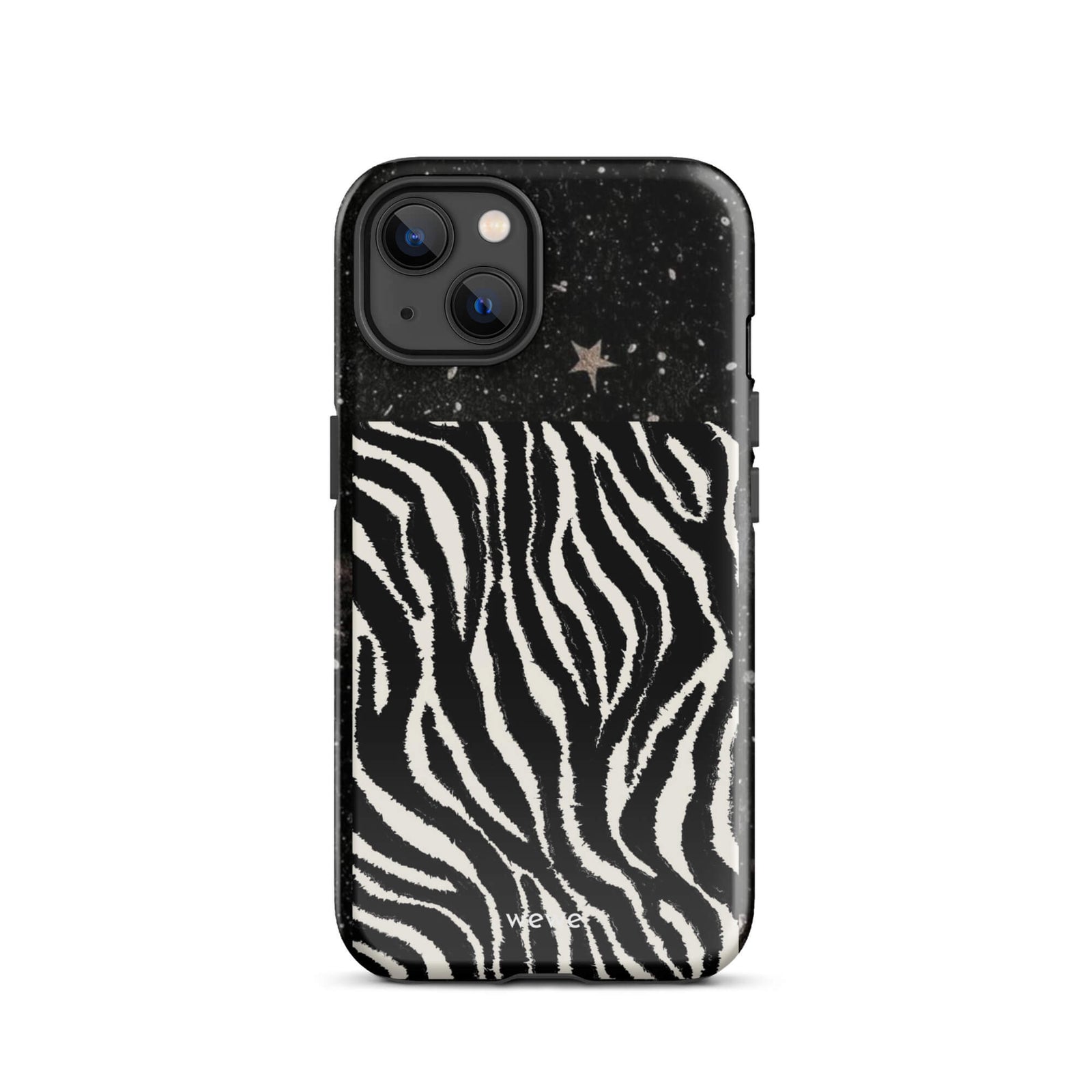 Custom iPhone case 13 with a black, glittery cosmic/galaxy top half with stars, and a bold black and white zebra stripe pattern on the bottom half.