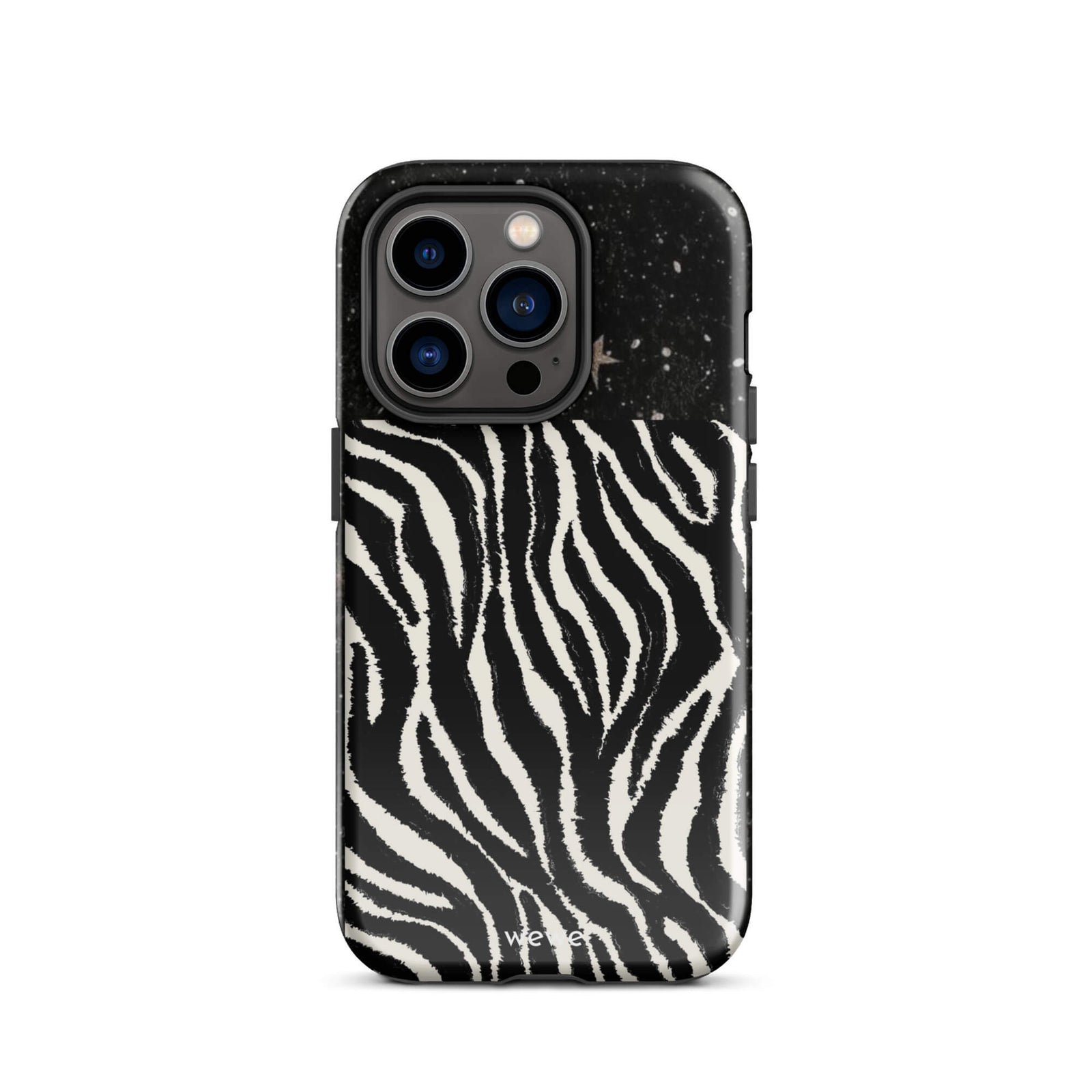 Custom iPhone case 14 pro with a black, glittery cosmic/galaxy top half with stars, and a bold black and white zebra stripe pattern on the bottom half.