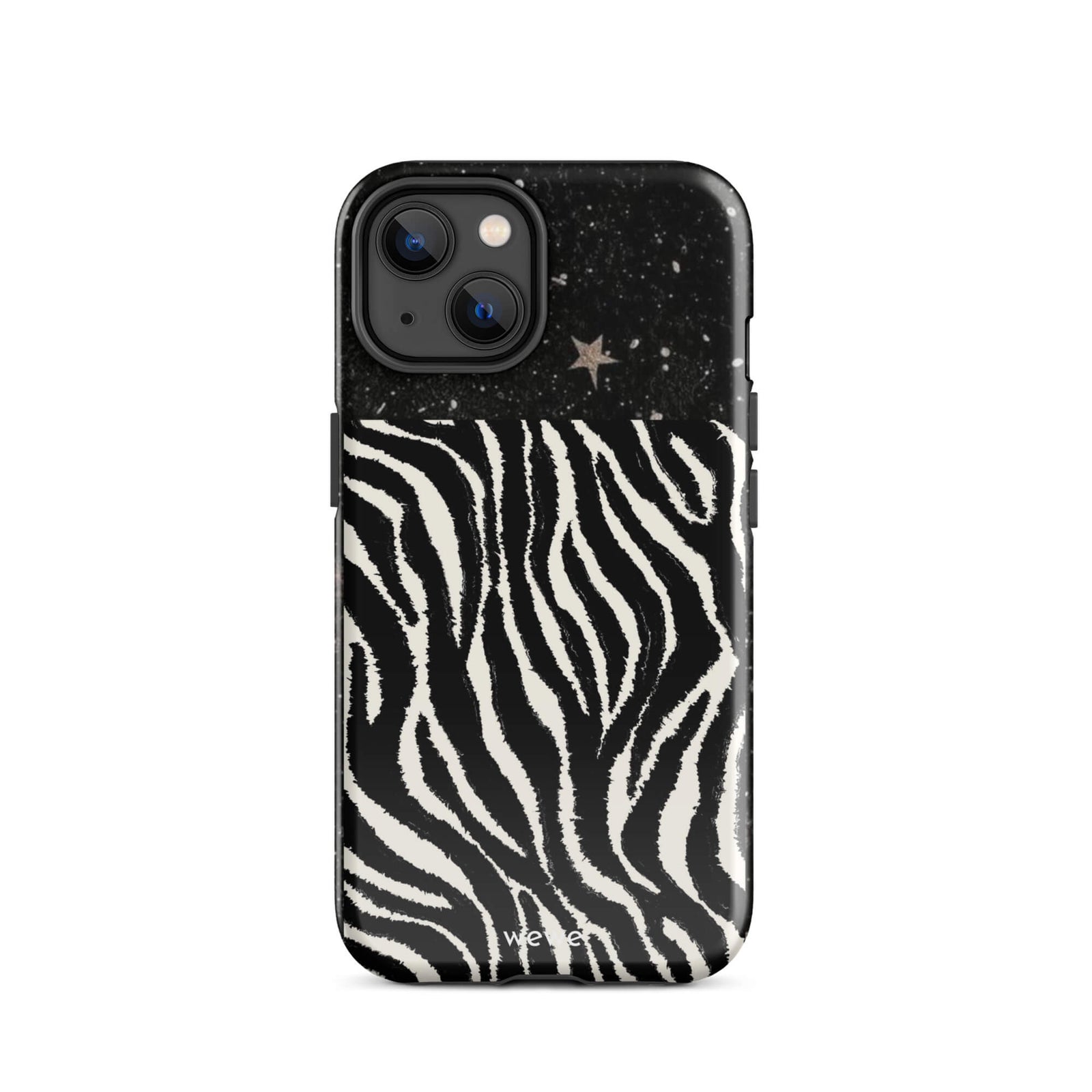 Custom iPhone case 14 with a black, glittery cosmic/galaxy top half with stars, and a bold black and white zebra stripe pattern on the bottom half.
