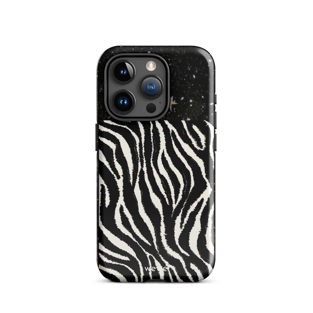 Custom iPhone case 15 pro with a black, glittery cosmic/galaxy top half with stars, and a bold black and white zebra stripe pattern on the bottom half.