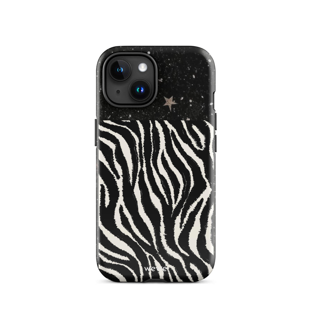 Custom iPhone case 15 with a black, glittery cosmic/galaxy top half with stars, and a bold black and white zebra stripe pattern on the bottom half.