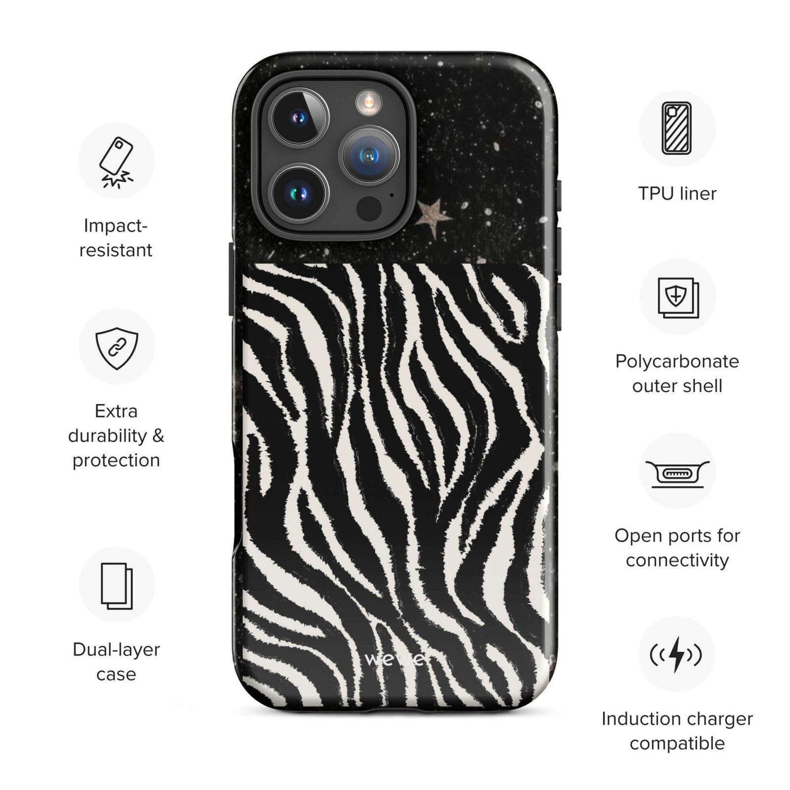 Custom zebra star iphone case 16 pro max wireless charging compatible.