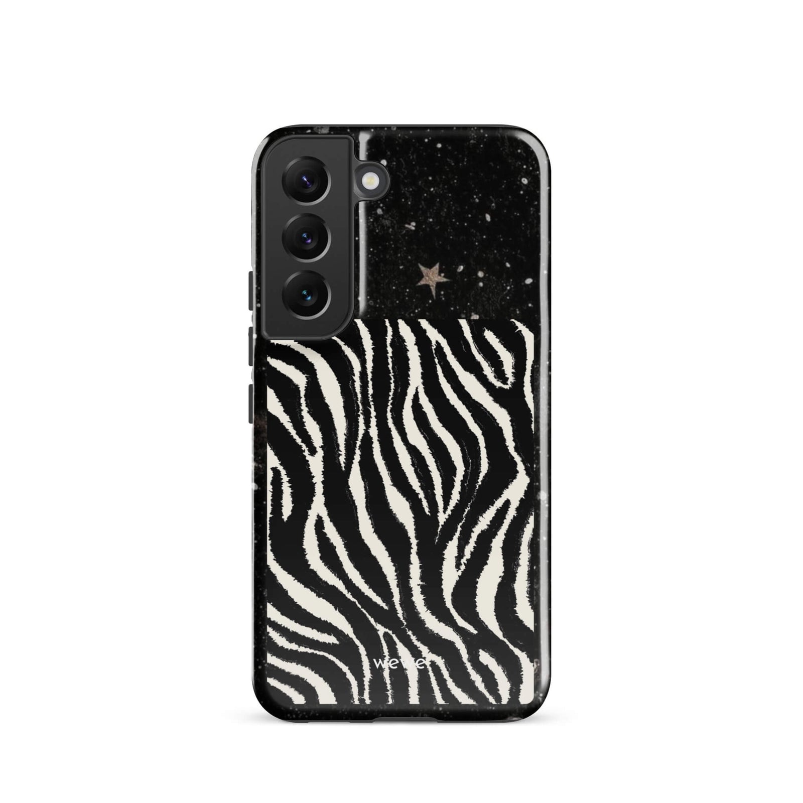 Custom samsung galaxy s22 with a black, glittery cosmic/galaxy top half with stars, and a bold black and white zebra stripe pattern on the bottom half.
