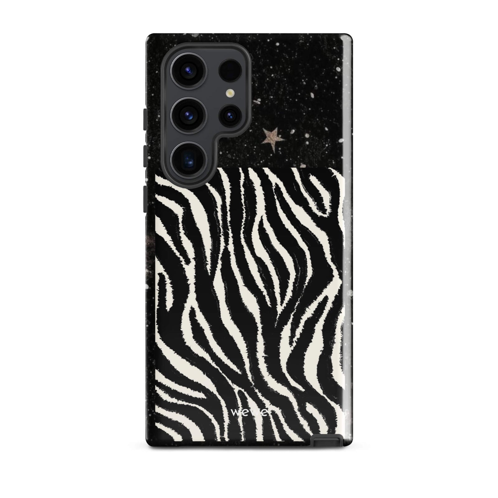 Custom samsung galaxy s23 ultra with a black, glittery cosmic/galaxy top half with stars, and a bold black and white zebra stripe pattern on the bottom half.