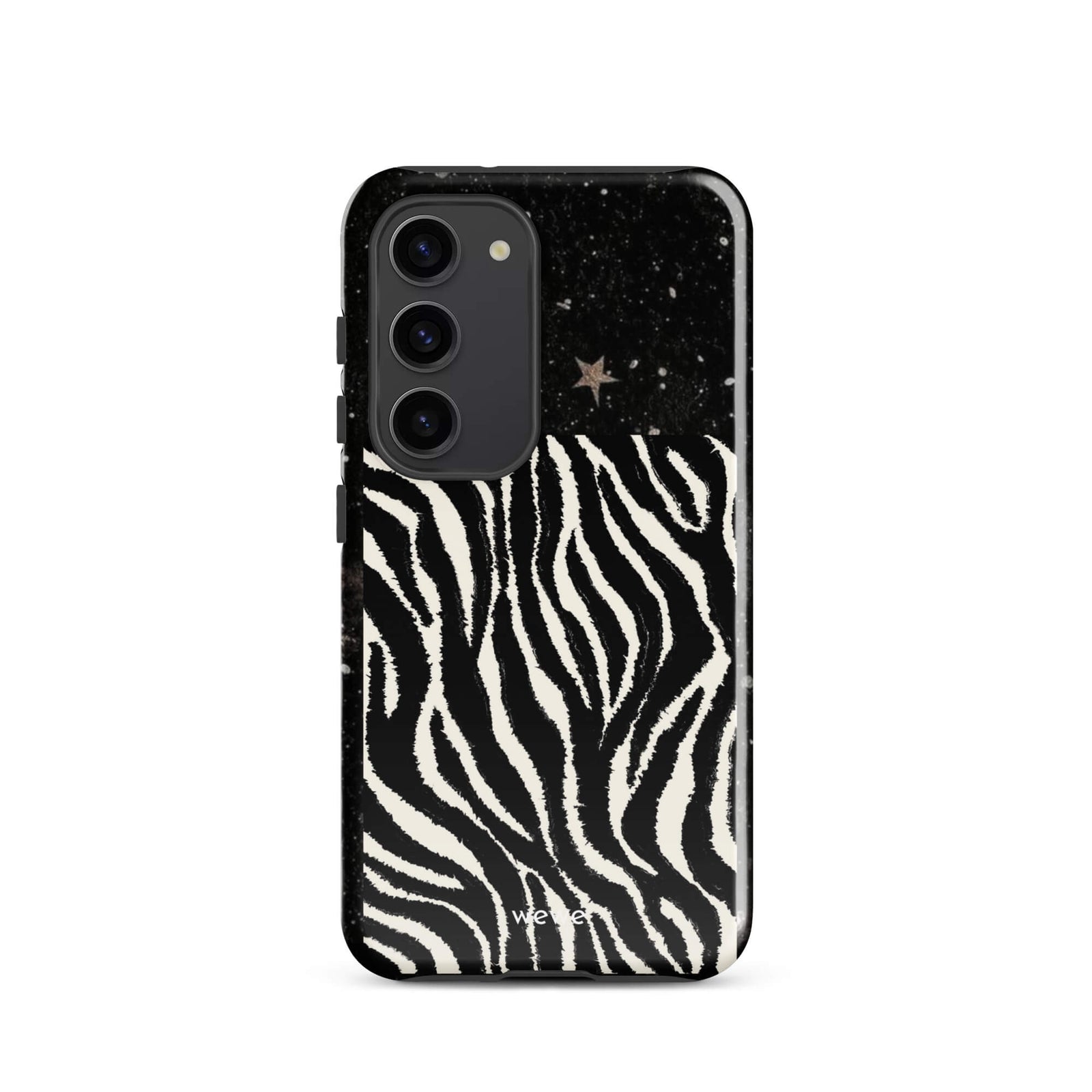 Custom samsung galaxy s23 with a black, glittery cosmic/galaxy top half with stars, and a bold black and white zebra stripe pattern on the bottom half.