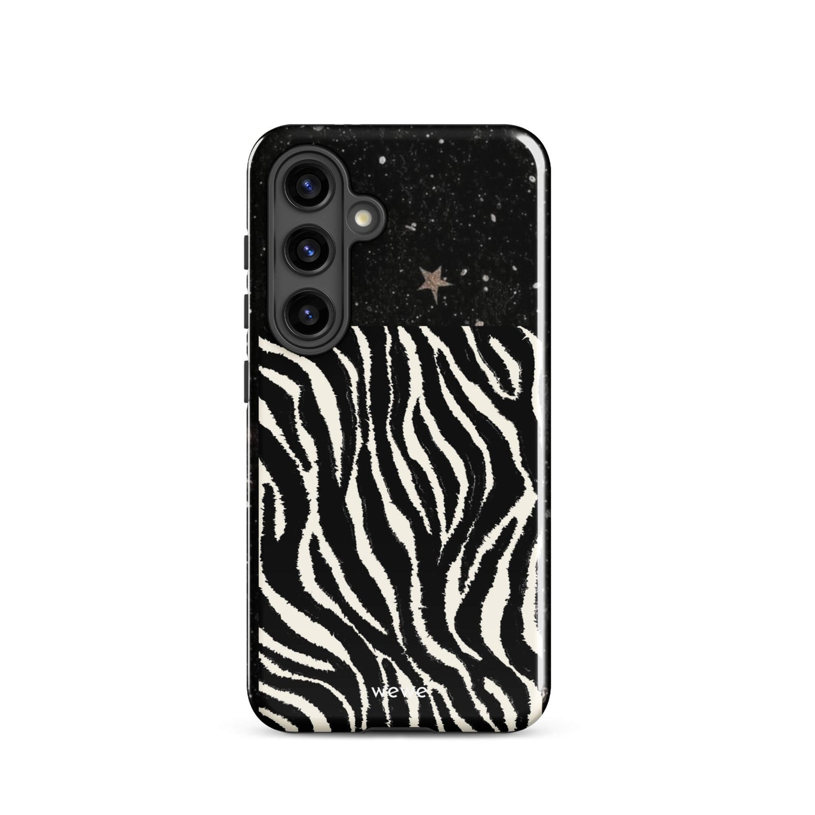 Custom samsung galaxy s24 with a black, glittery cosmic/galaxy top half with stars, and a bold black and white zebra stripe pattern on the bottom half.