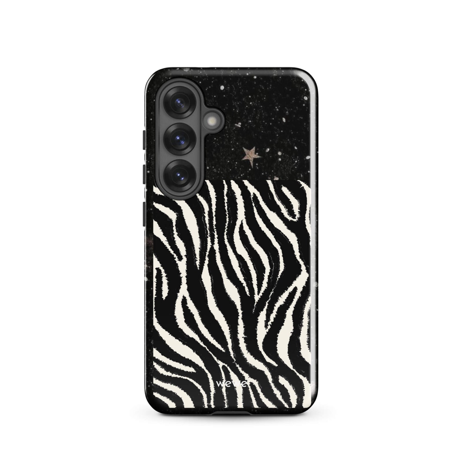Custom samsung galaxy s25 with a black, glittery cosmic/galaxy top half with stars, and a bold black and white zebra stripe pattern on the bottom half.