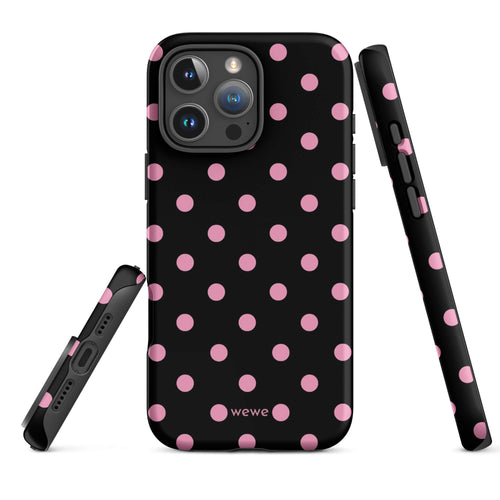 Black iPhone case with evenly spaced bubblegum-pink polka dots