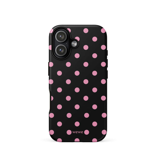 Black iPhone case with evenly spaced bubblegum-pink polka dots