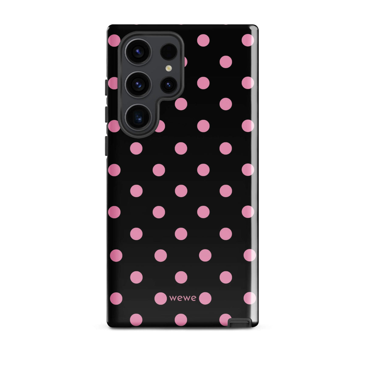 Black iPhone case with evenly spaced bubblegum-pink polka dots