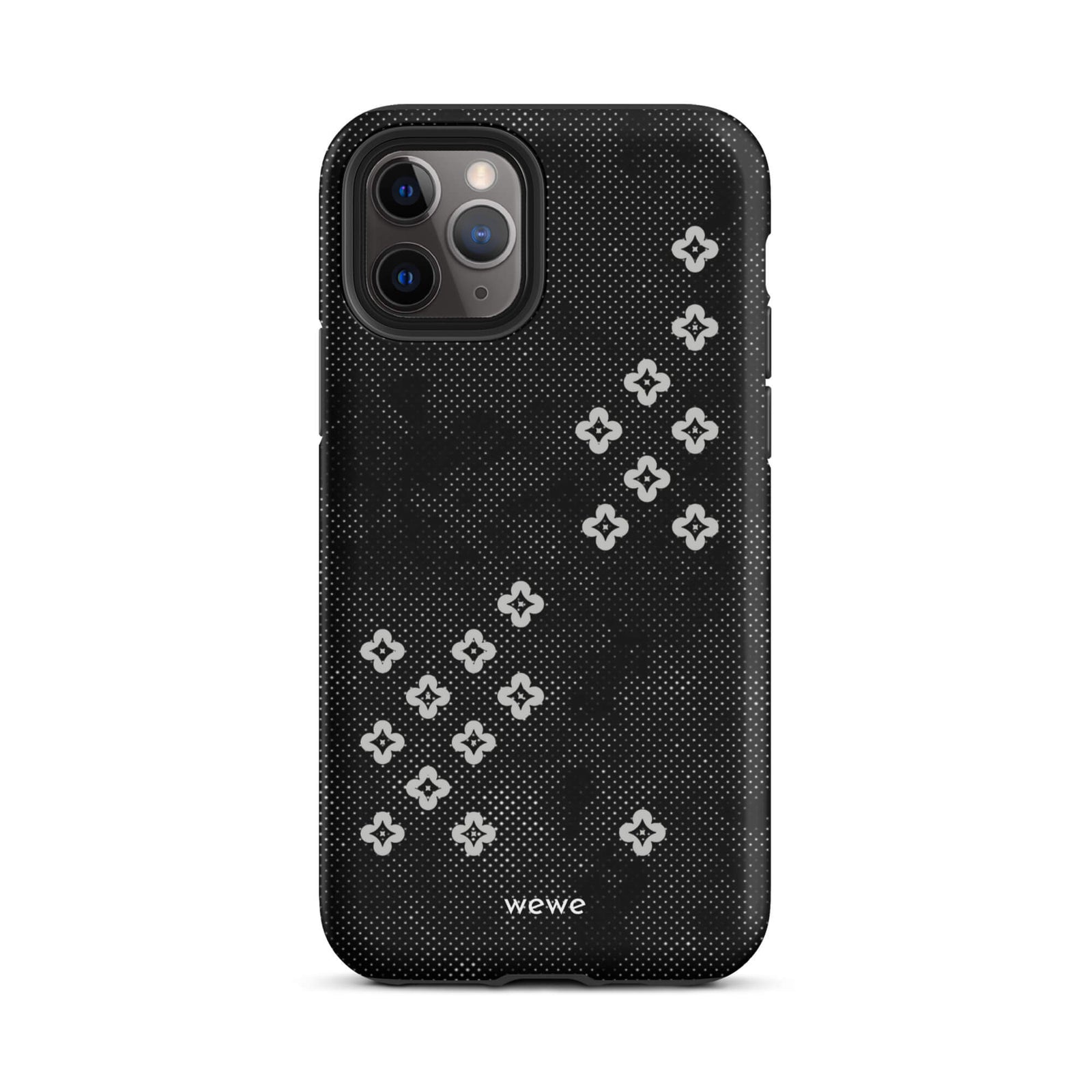 Custom iPhone case 11 pro with a  black lace background with white plum-style crosses.