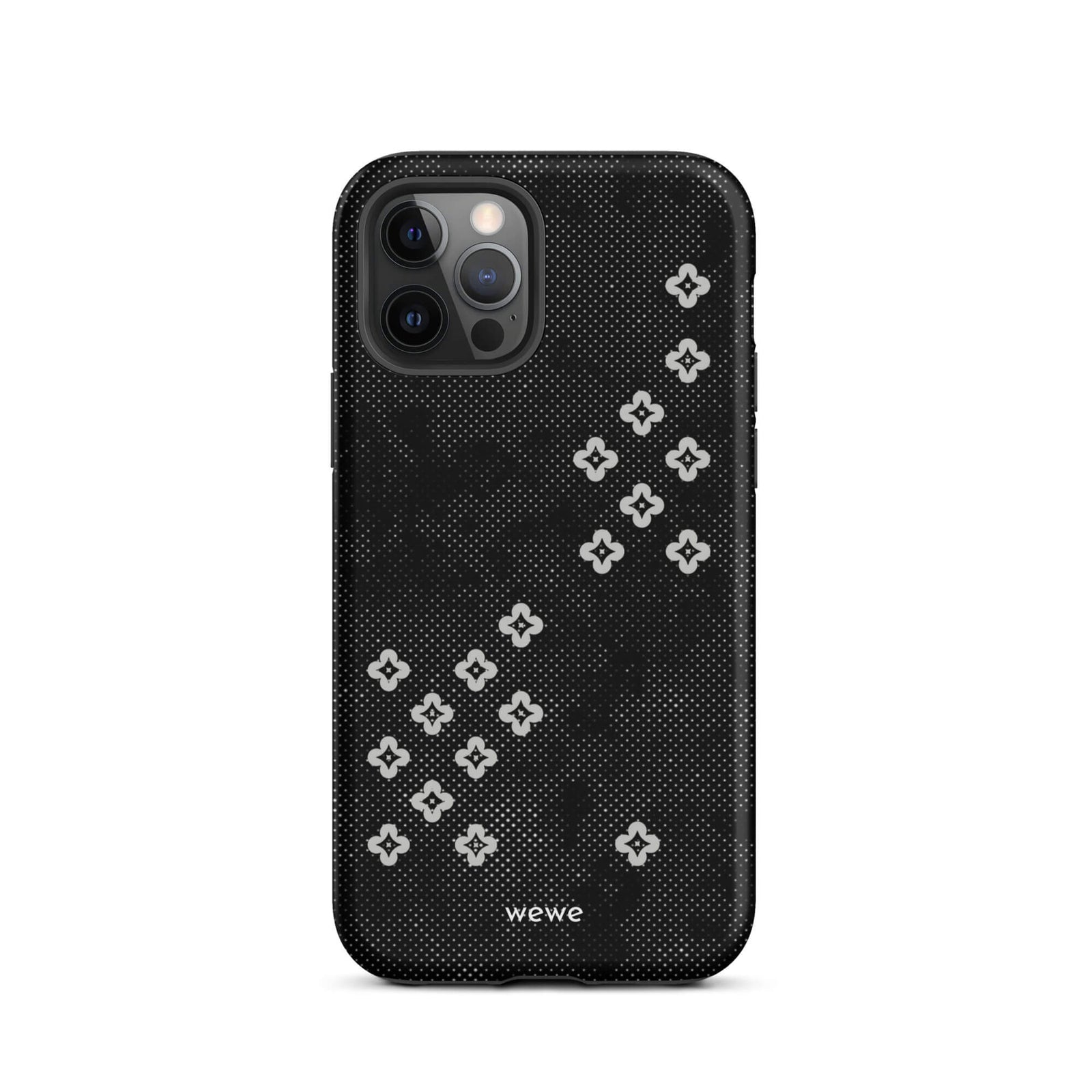 Custom iPhone case 12 pro with a  black lace background with white plum-style crosses.