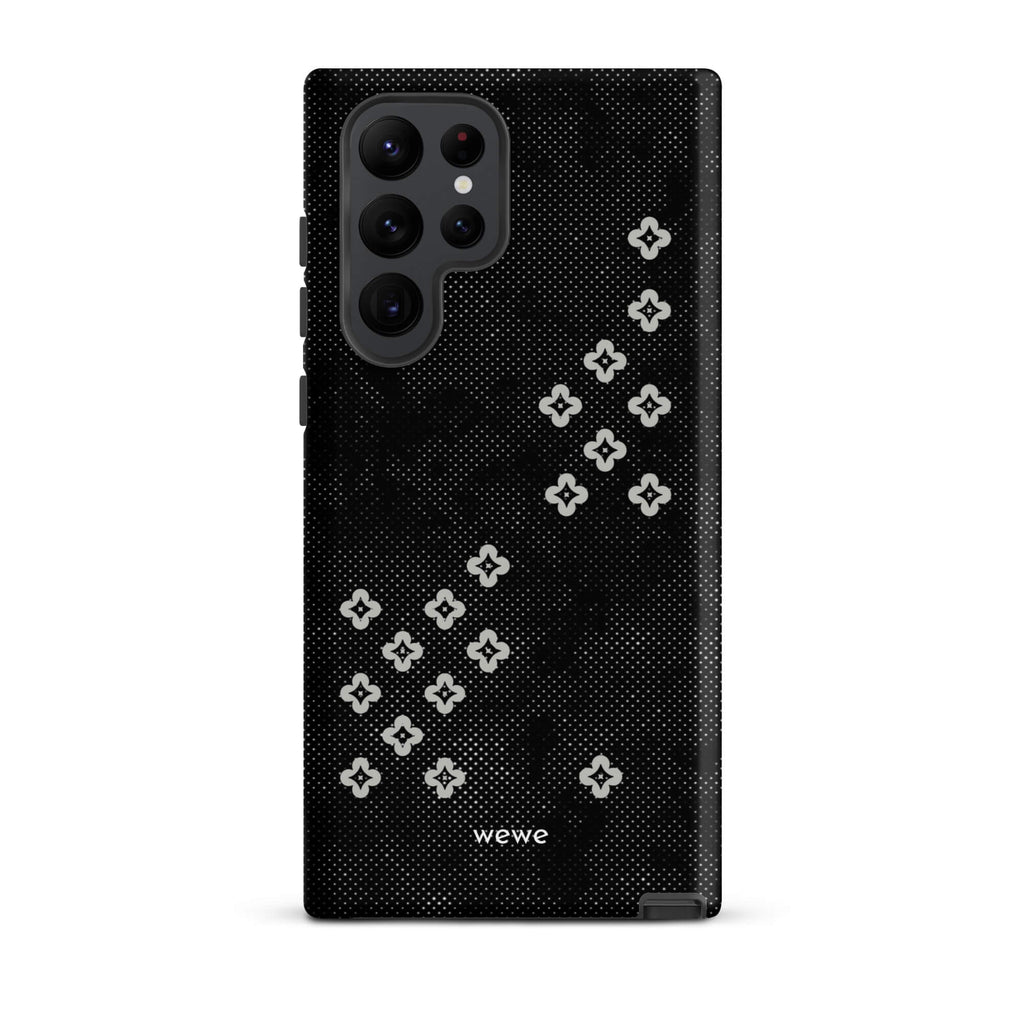 Custom samsung galaxy s22 ultra  Phone case with a  black lace background with white plum-style crosses.