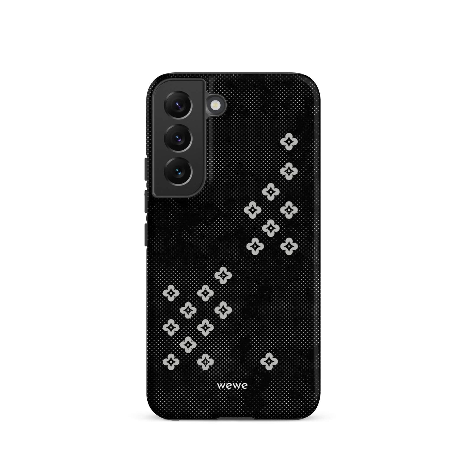 Custom samsung galaxy s22 Phone case with a  black lace background with white plum-style crosses.