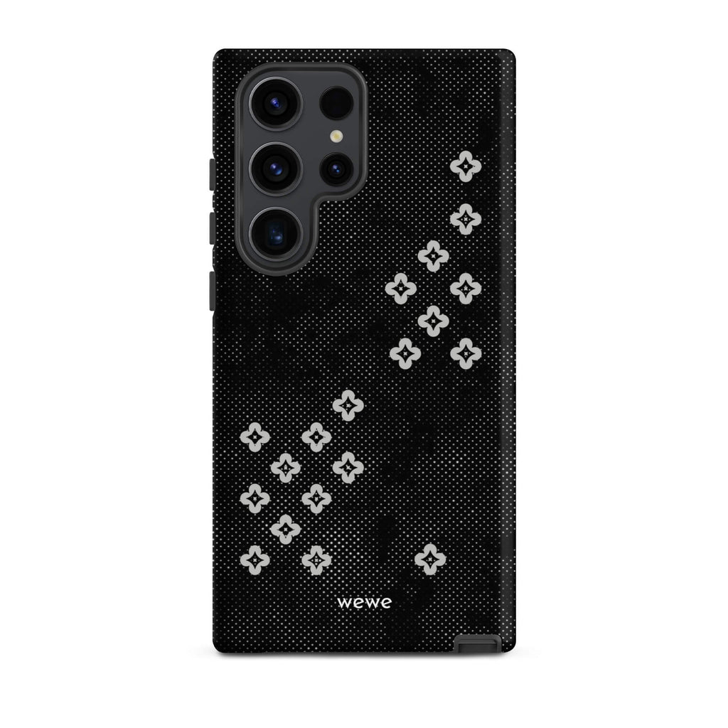 Custom samsung galaxy s23 ultra  Phone case with a  black lace background with white plum-style crosses.