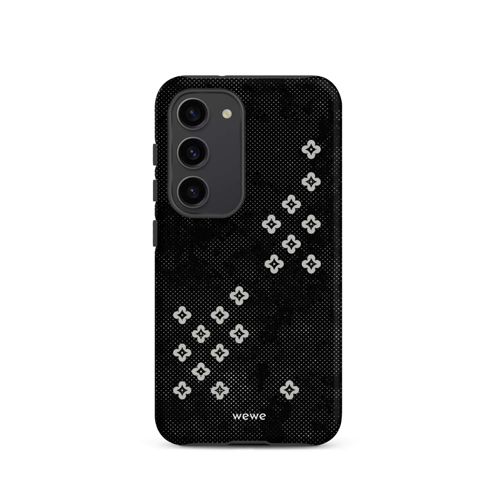 Custom samsung galaxy s23 Phone case with a  black lace background with white plum-style crosses.