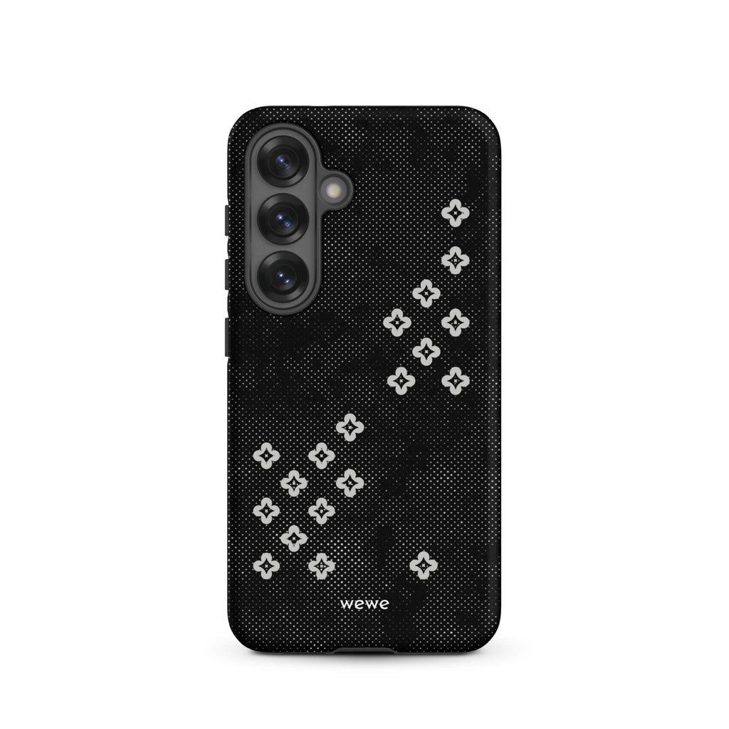 Custom samsung galaxy s25 Phone case with a  black lace background with white plum-style crosses.