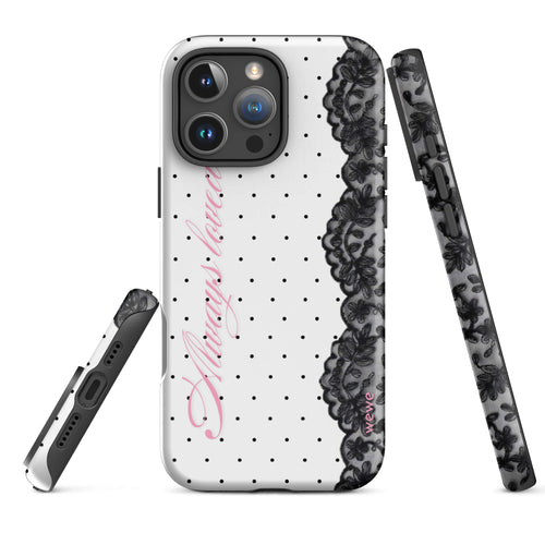 White phone case with small black polka dots, black floral lace border and pastel pink cursive lettering