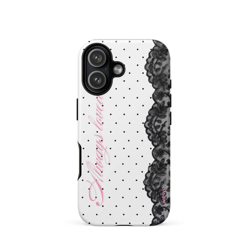 White phone case with small black polka dots, black floral lace border and pastel pink cursive lettering
