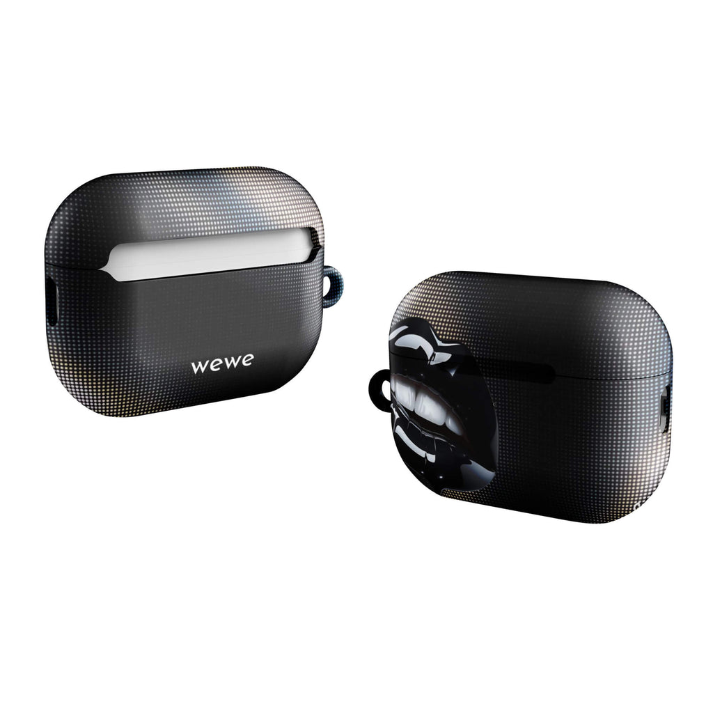 Custom AirPods case pro gen2 with a black background and a glossy, textured pink lips graphic with the words 'Live on'.