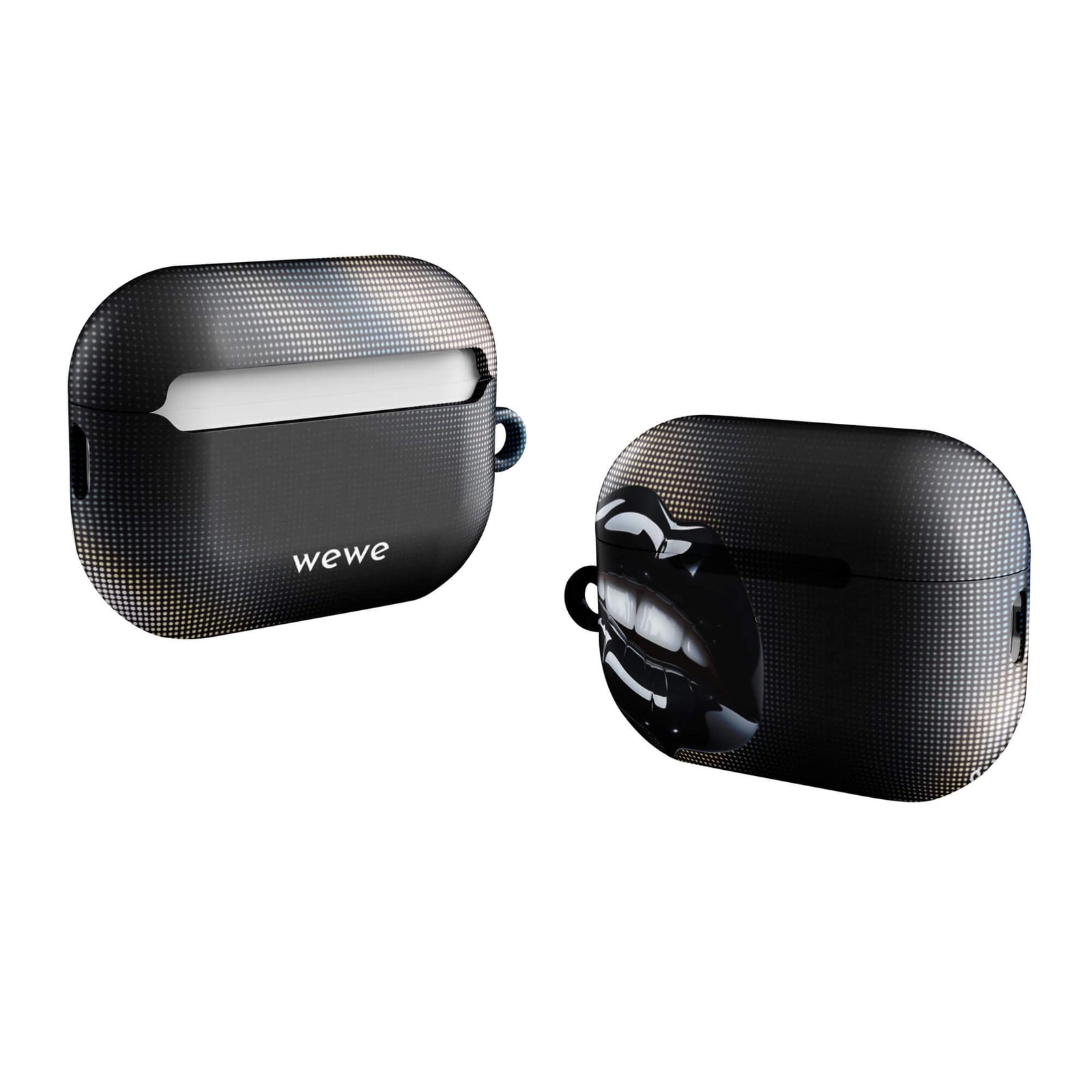 Custom AirPods case pro gen2 with a black background and a glossy, textured pink lips graphic with the words 'Live on'.