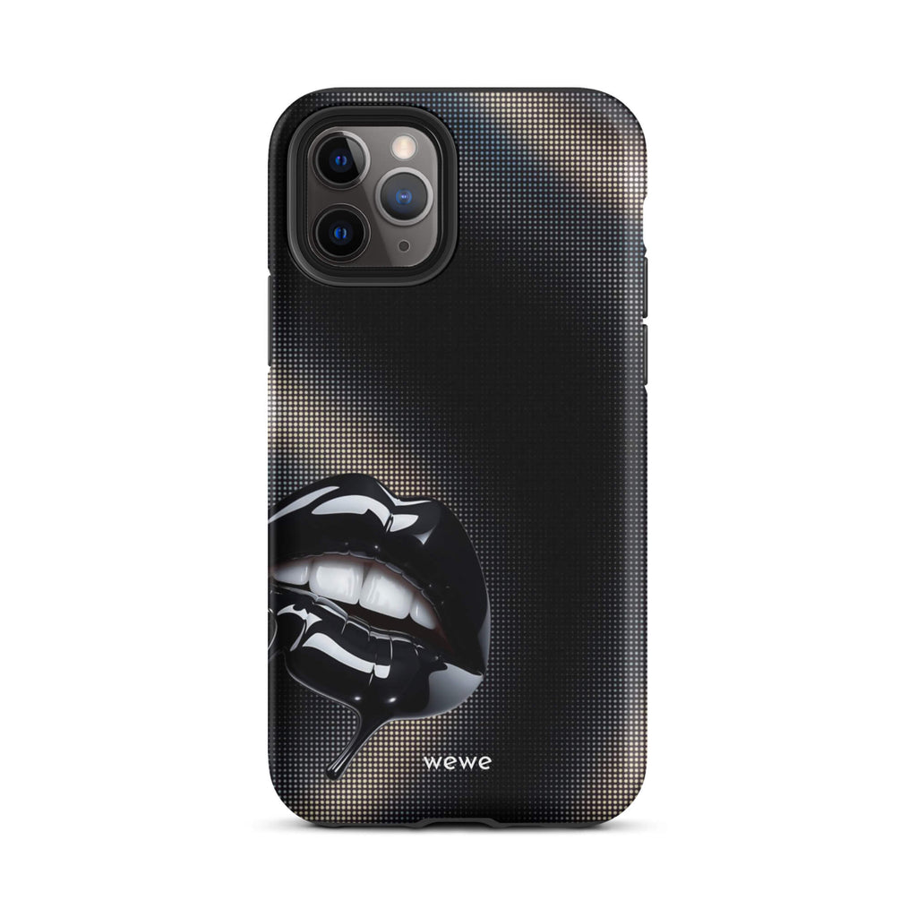 Custom iPhone case 11 pro with a black background and a glossy, textured pink lips graphic with the words 'Live on'.