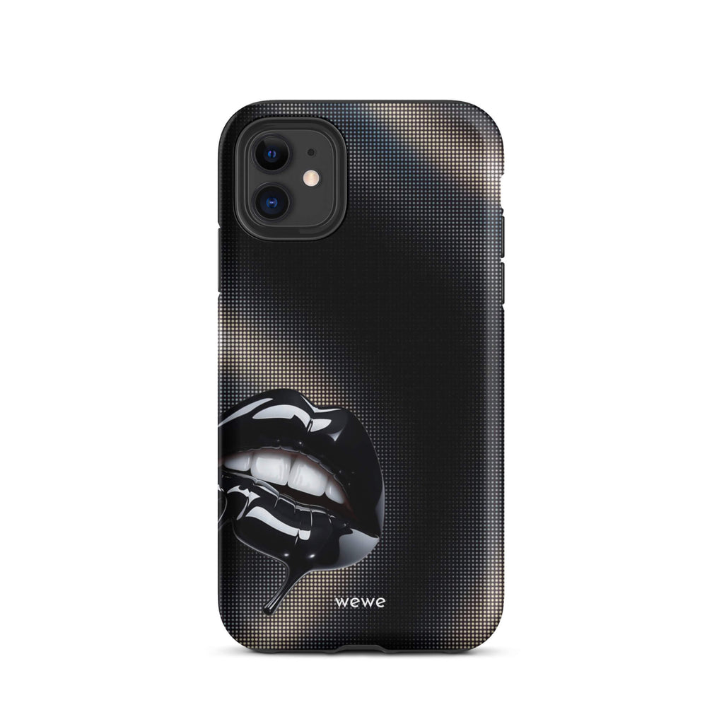 Custom iPhone case 11 with a black background and a glossy, textured pink lips graphic with the words 'Live on'.