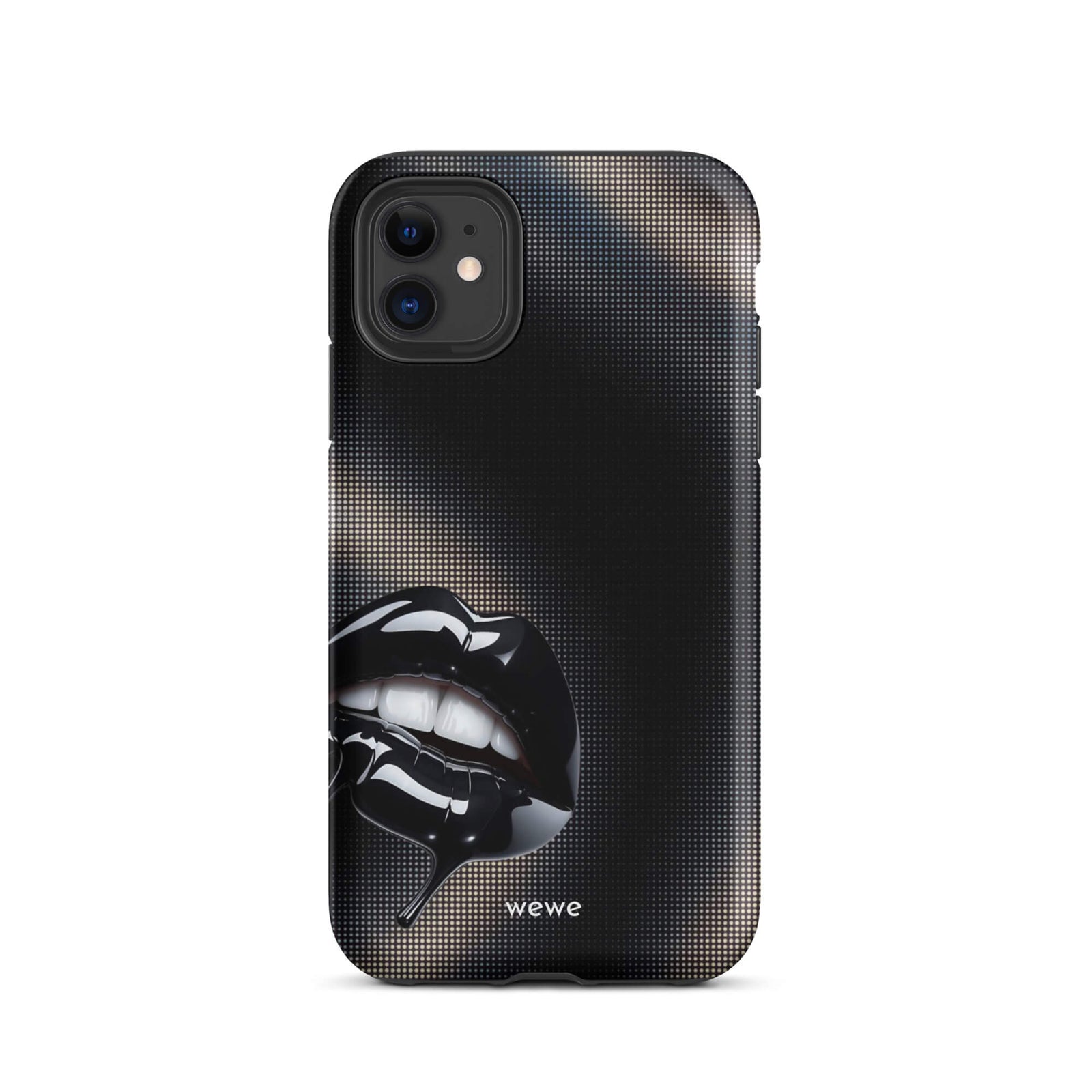 Custom iPhone case 11 with a black background and a glossy, textured pink lips graphic with the words 'Live on'.