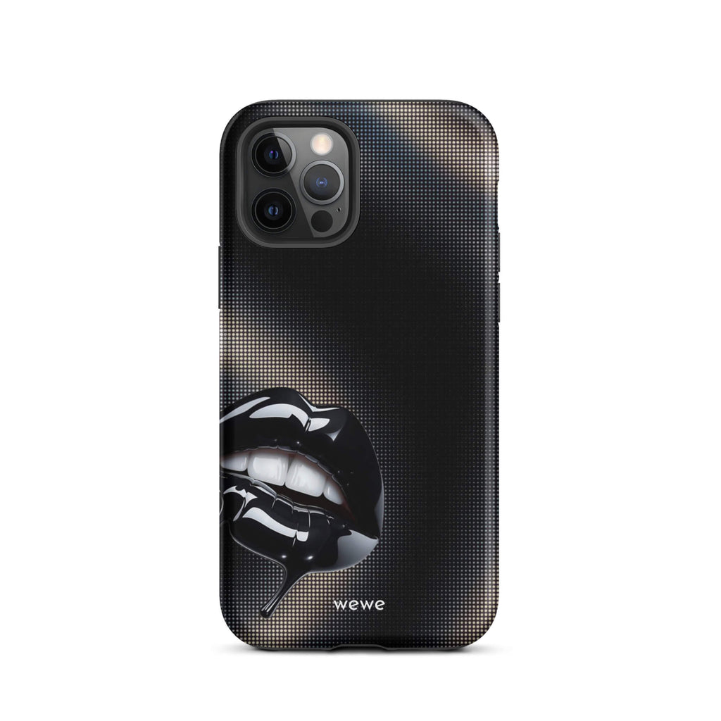 Custom iPhone case 12 pro with a black background and a glossy, textured pink lips graphic with the words 'Live on'.