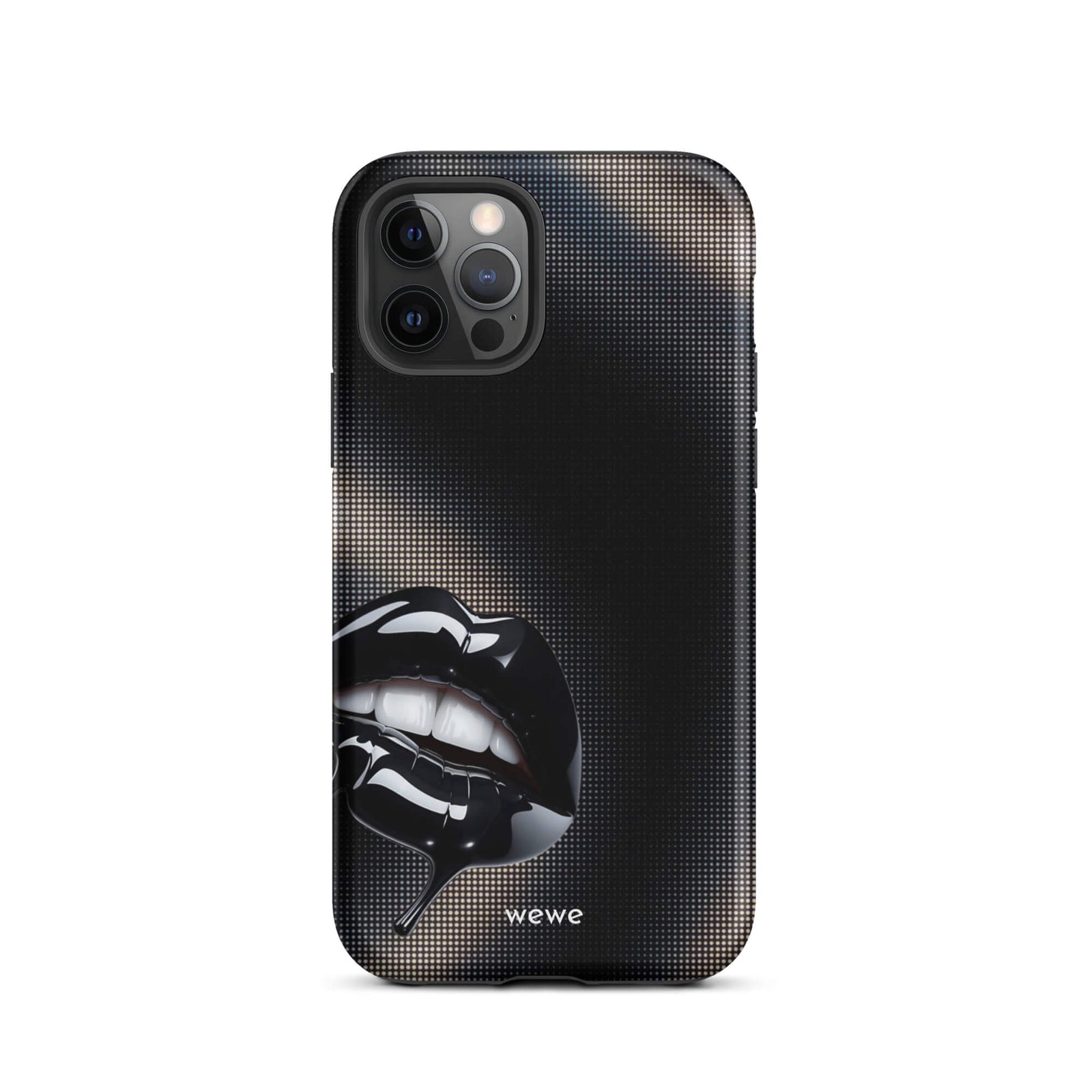 Custom iPhone case 12 pro with a black background and a glossy, textured pink lips graphic with the words 'Live on'.