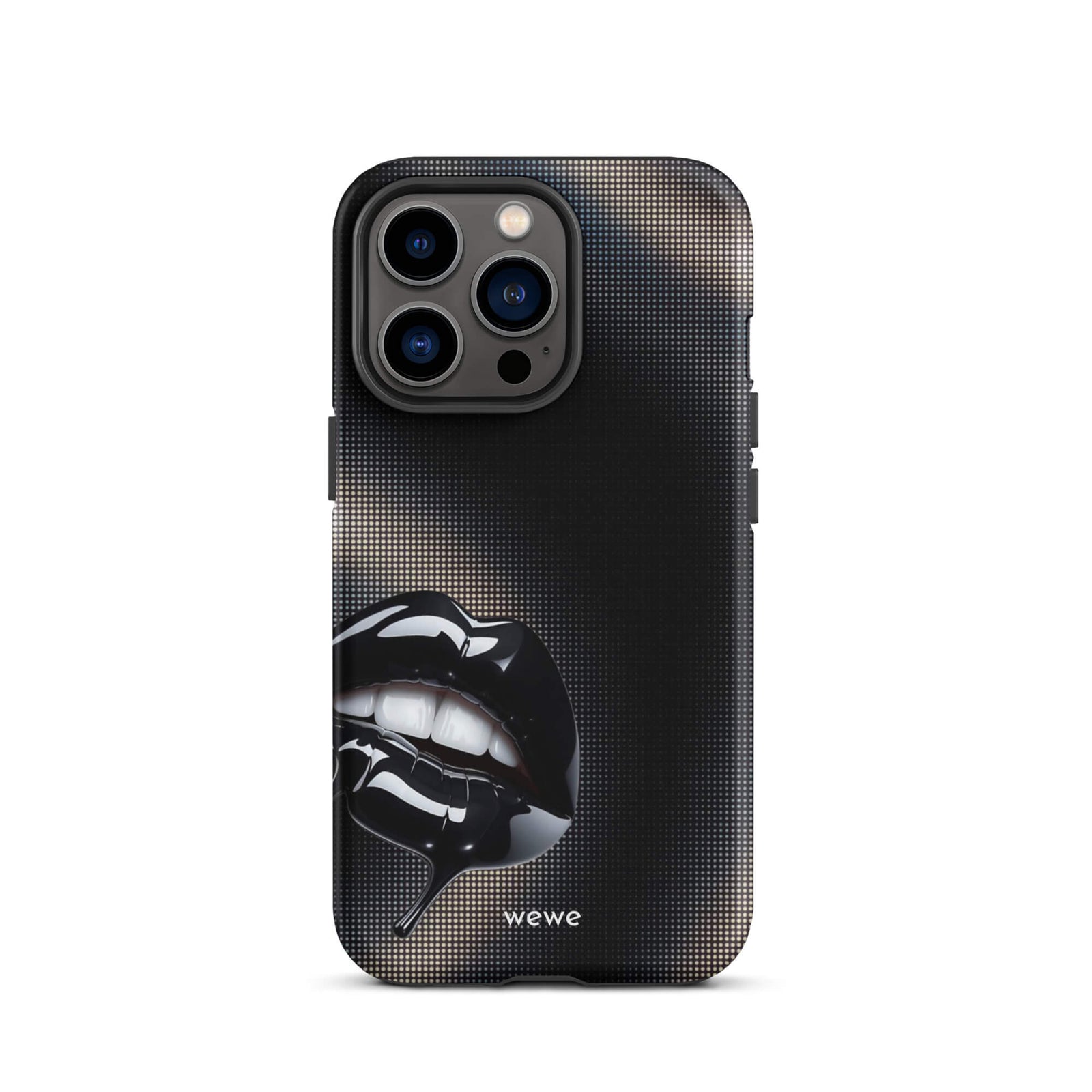 Custom iPhone case 13 pro with a black background and a glossy, textured pink lips graphic with the words 'Live on'.