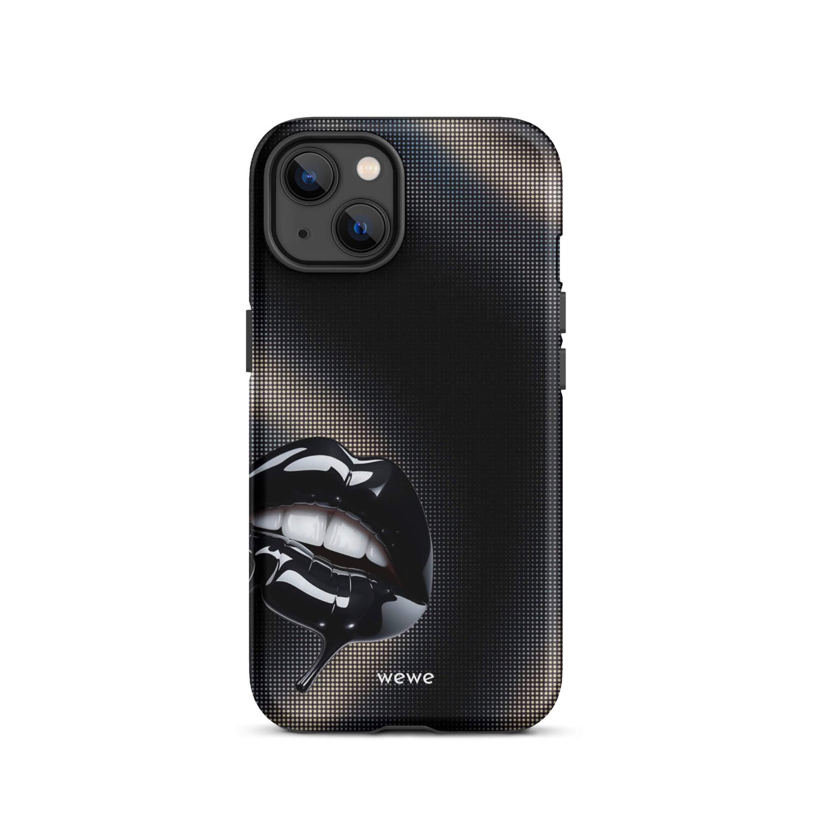 Custom iPhone case 13 with a black background and a glossy, textured pink lips graphic with the words 'Live on'.