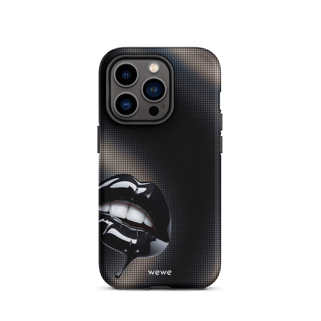 Custom iPhone case 14 pro with a black background and a glossy, textured pink lips graphic with the words 'Live on'.