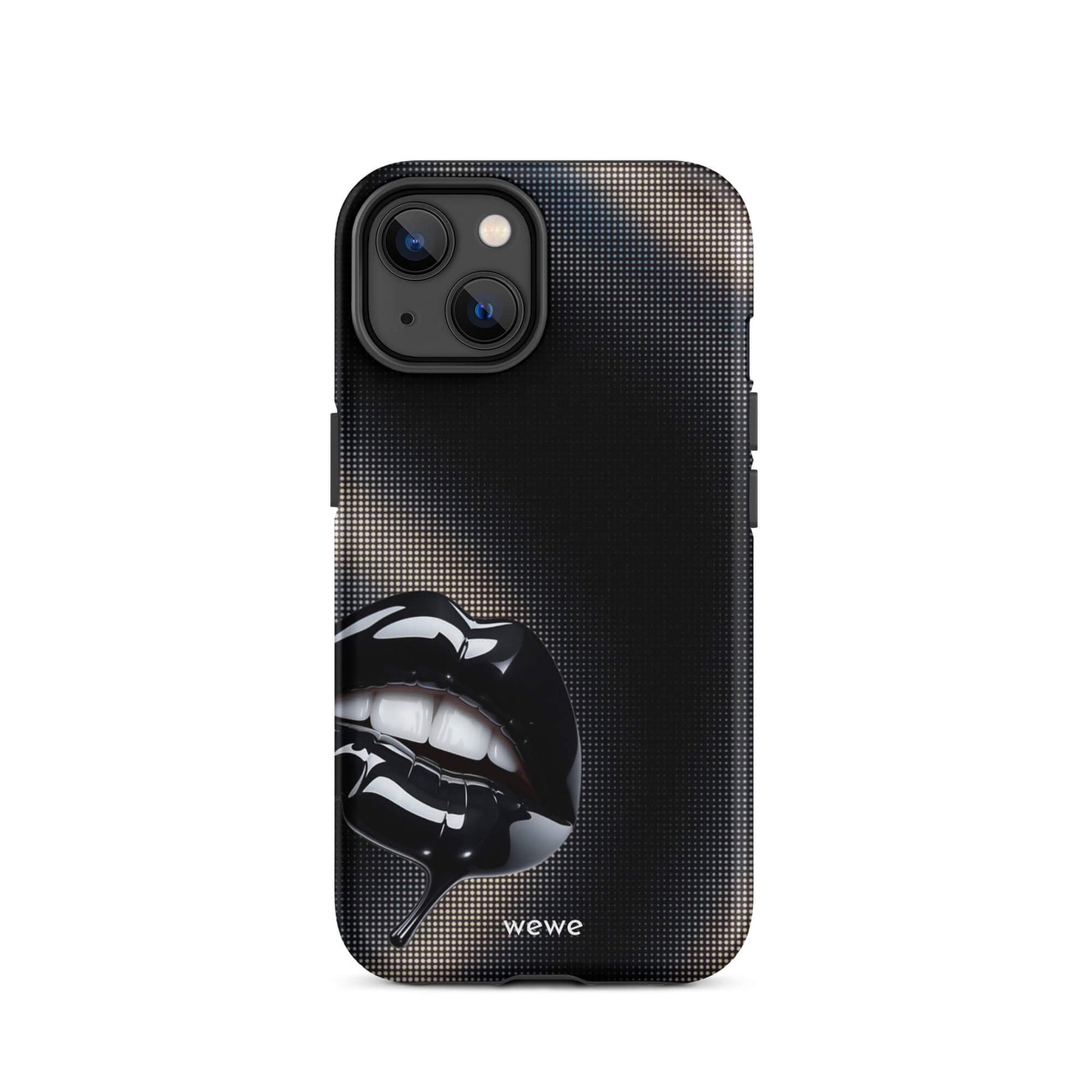 Custom iPhone case 14 with a black background and a glossy, textured pink lips graphic with the words 'Live on'.