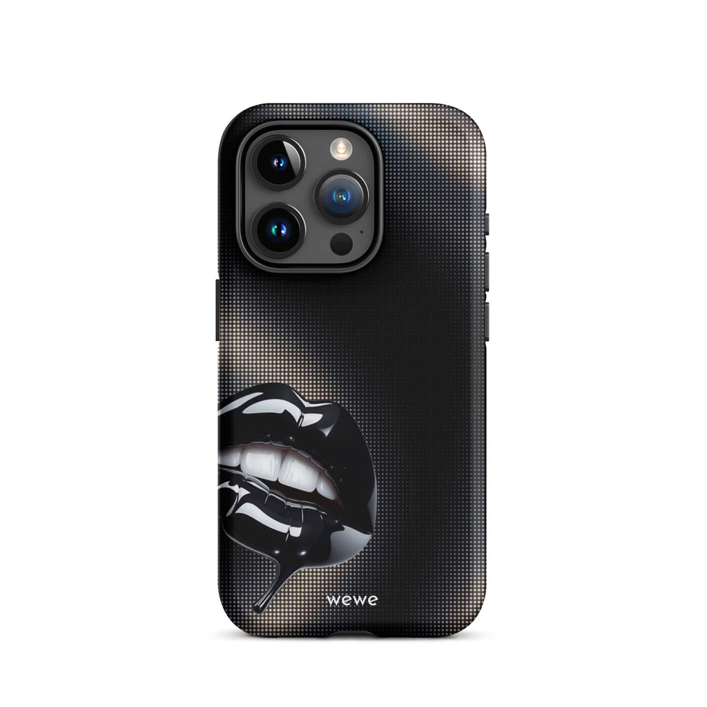 Custom iPhone case 15 pro with a black background and a glossy, textured pink lips graphic with the words 'Live on'.