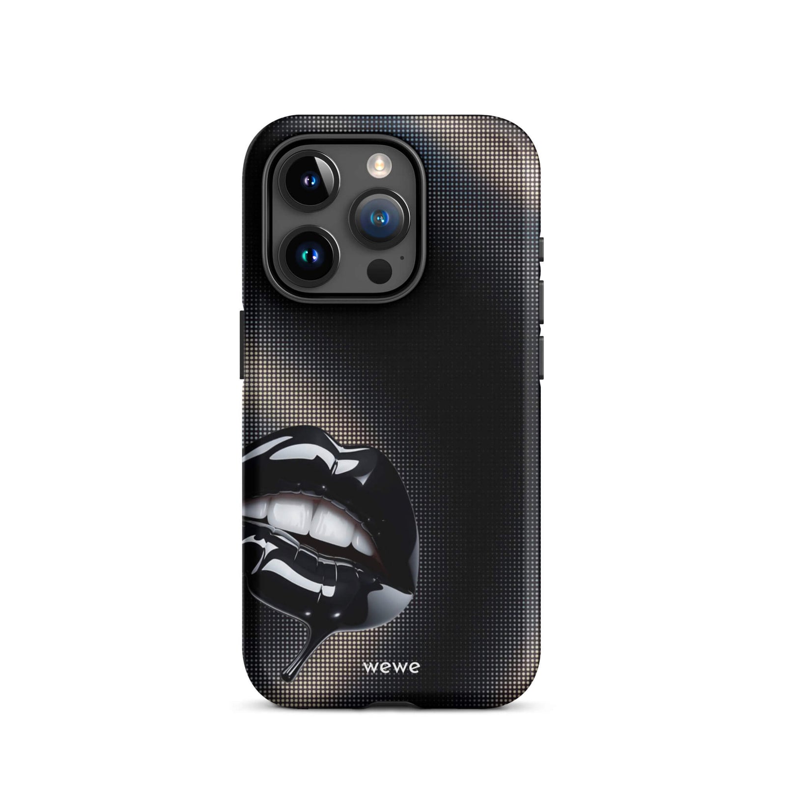 Custom iPhone case 15 pro with a black background and a glossy, textured pink lips graphic with the words 'Live on'.