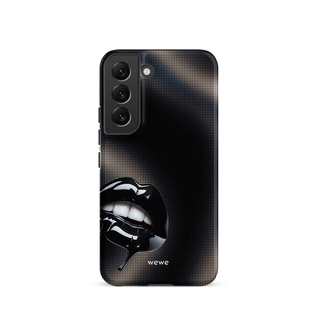 Custom samsung galaxy s22 Phone case with a black background and a glossy, textured pink lips graphic with the words 'Live on'.