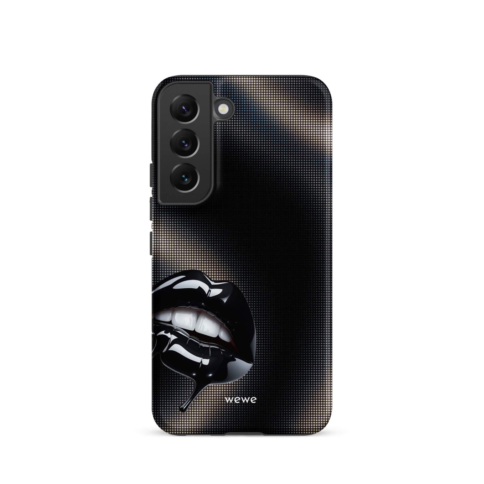 Custom samsung galaxy s22 Phone case with a black background and a glossy, textured pink lips graphic with the words 'Live on'.