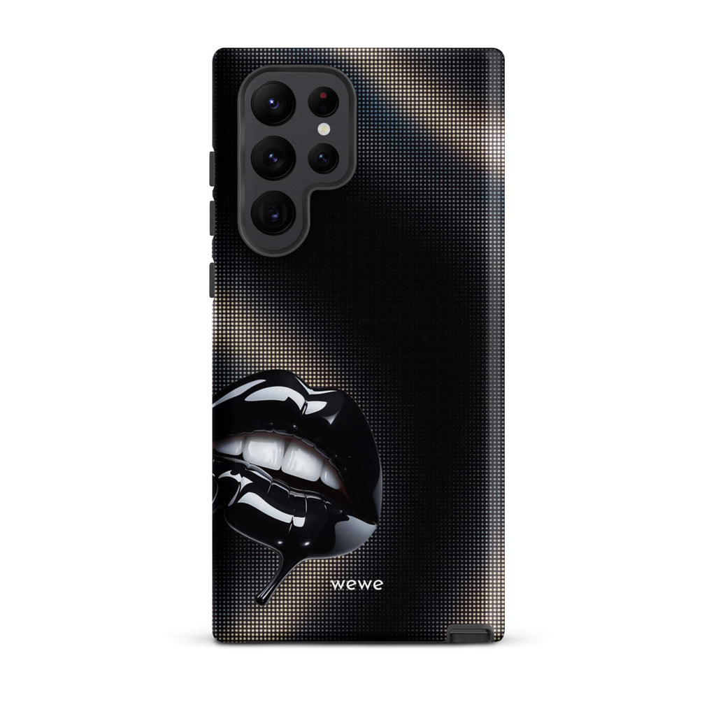 Custom samsung galaxy s22 ultra  Phone case with a black background and a glossy, textured pink lips graphic with the words 'Live on'.