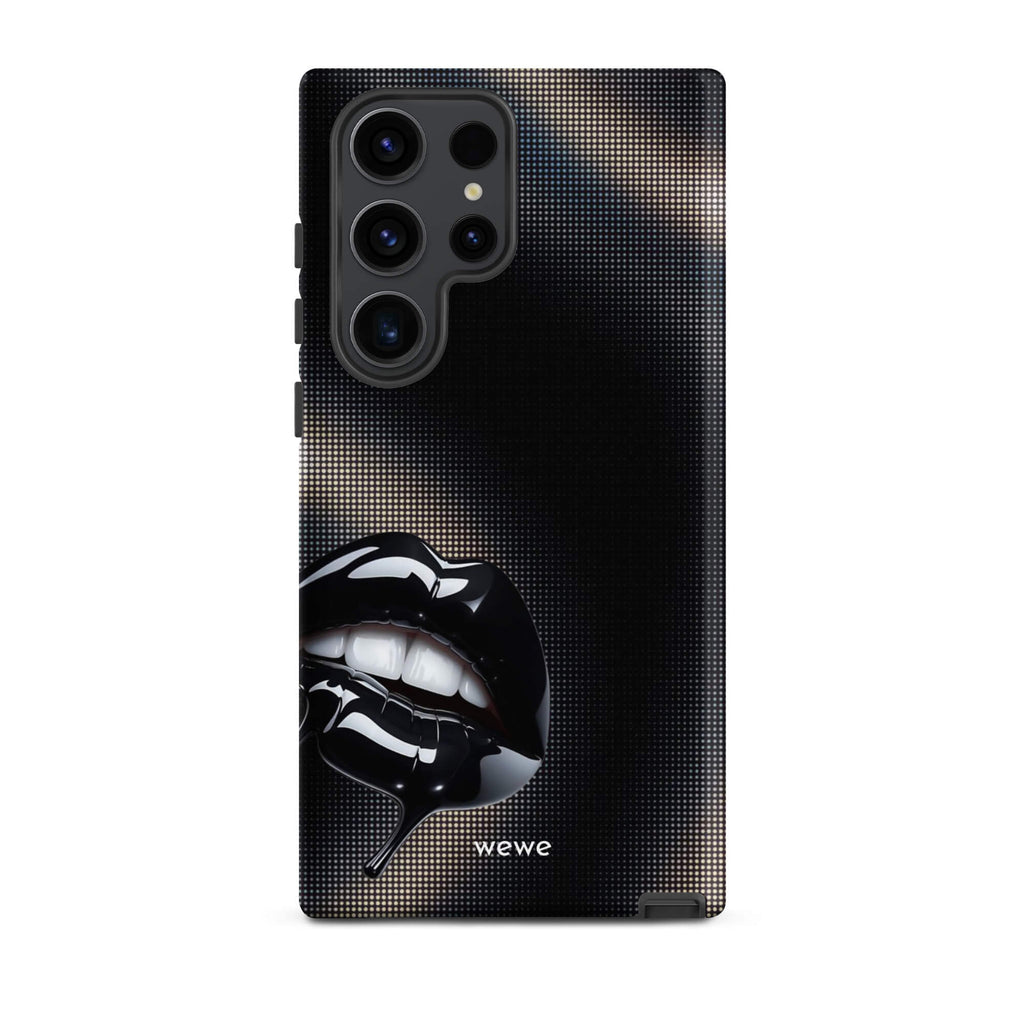 Custom samsung galaxy s23 ultra  Phone case with a black background and a glossy, textured pink lips graphic with the words 'Live on'.