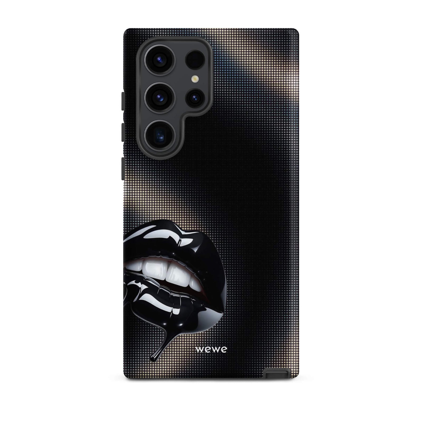 Custom samsung galaxy s23 ultra  Phone case with a black background and a glossy, textured pink lips graphic with the words 'Live on'.