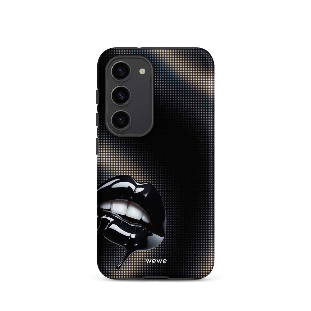 Custom samsung galaxy s23 Phone case with a black background and a glossy, textured pink lips graphic with the words 'Live on'.