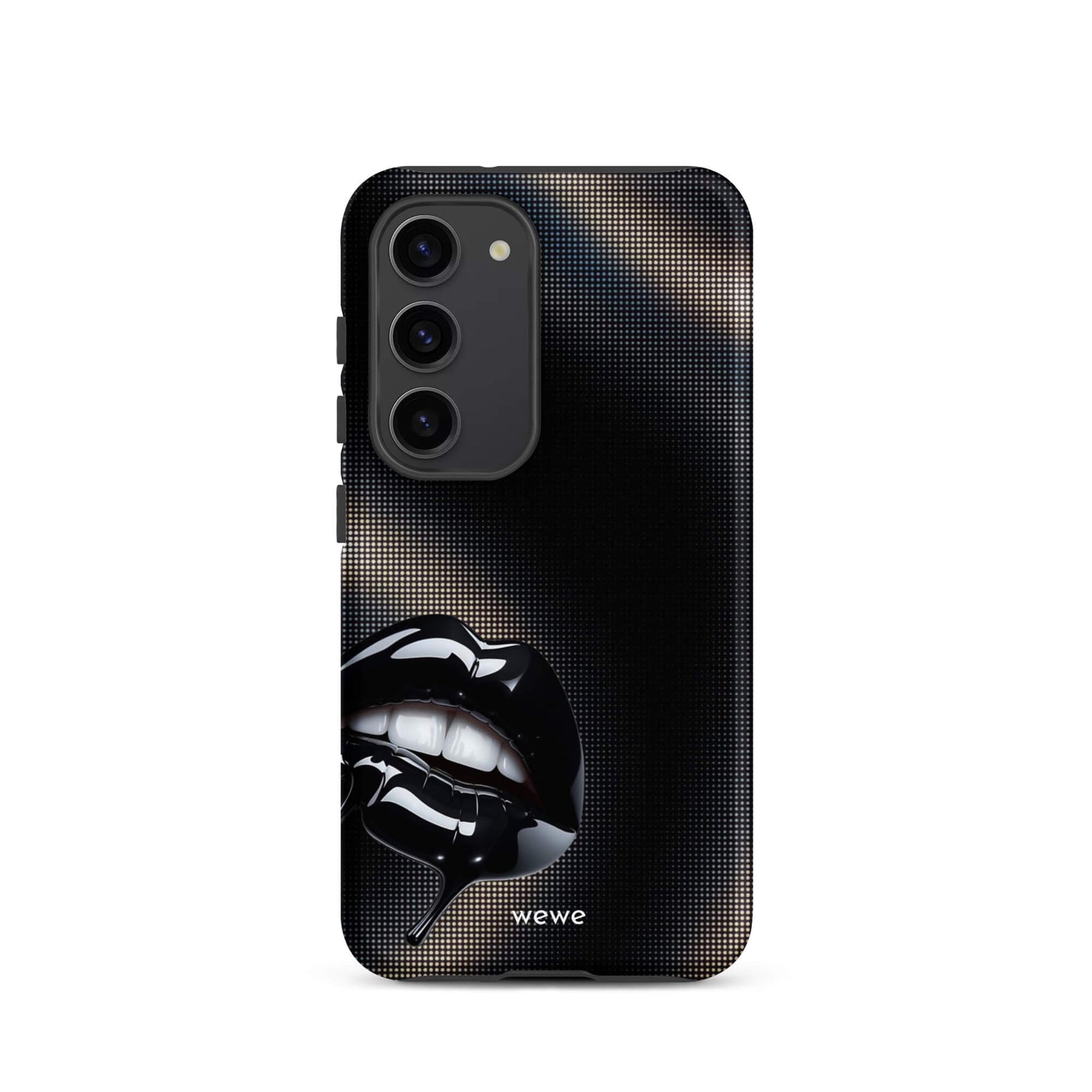 Custom samsung galaxy s23 Phone case with a black background and a glossy, textured pink lips graphic with the words 'Live on'.