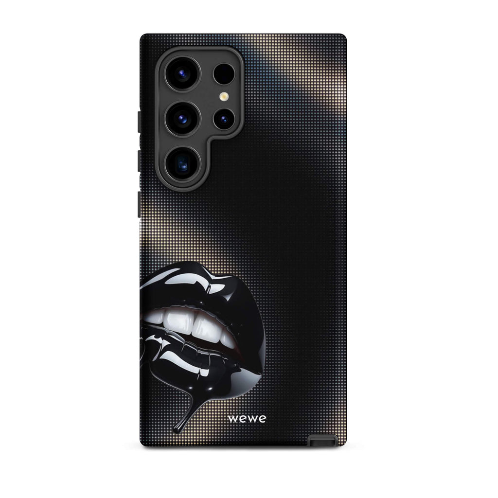 Custom samsung galaxy s24 ultra  Phone case with a black background and a glossy, textured pink lips graphic with the words 'Live on'.