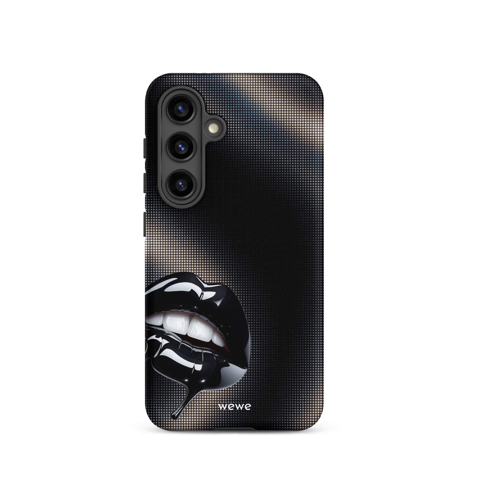 Custom samsung galaxy s24 Phone case with a black background and a glossy, textured pink lips graphic with the words 'Live on'.