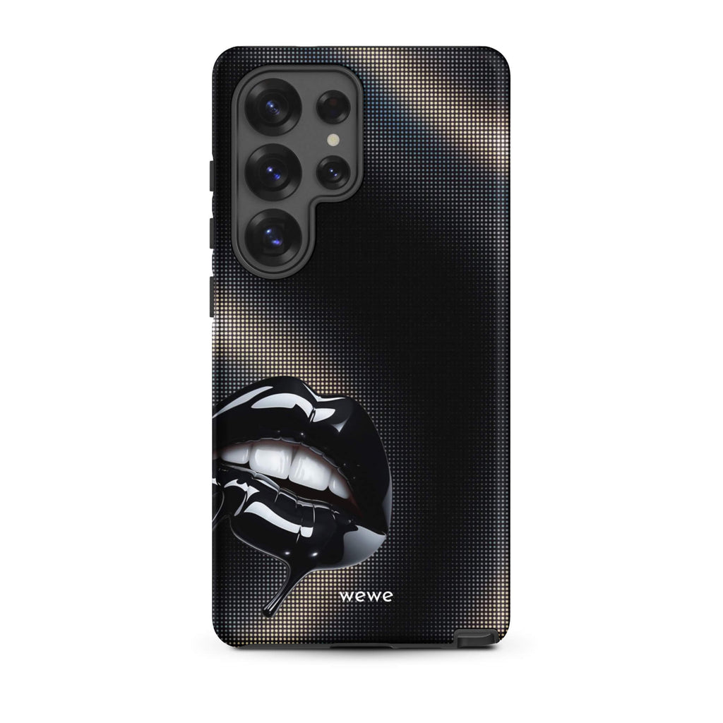 Custom samsung galaxy s25 ultra  Phone case with a black background and a glossy, textured pink lips graphic with the words 'Live on'.